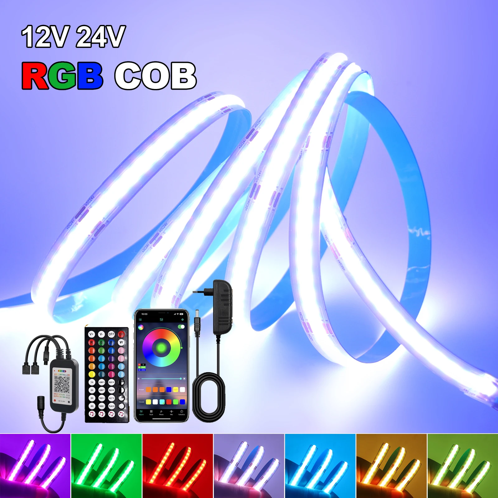 

Светодиодная лента RGB COB 12В 24В, 840 светодиодов/м, высокая яркость, без видимых точек, для домашнего декора, гибкая, в рулоне, набор для ЕС, США, Великобритании