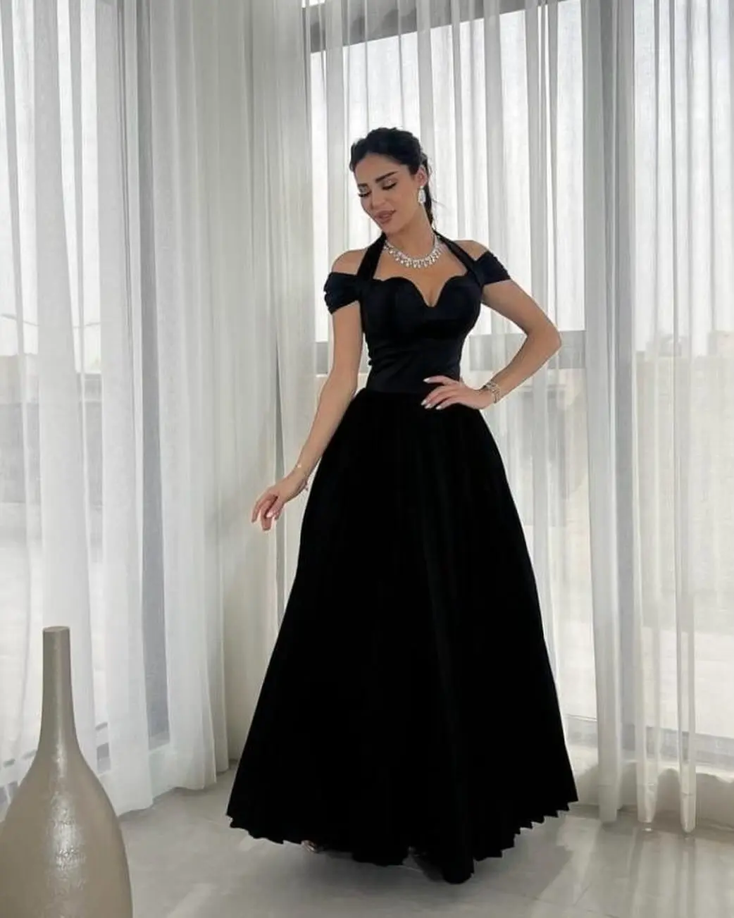 

Customized Formal Off The Shoulder Satin Evening Dress Elegant A-Line Floor Length Halter Short Sleeves Special Occasion Gowns