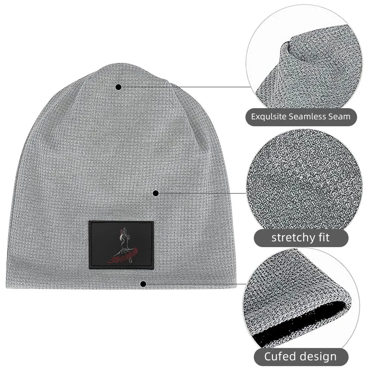 Spain Flamenco Dancer Front Waffle Knit Fleece Lined Beanie with PU Leather Patch Unisex Warm Winter Soft Cap