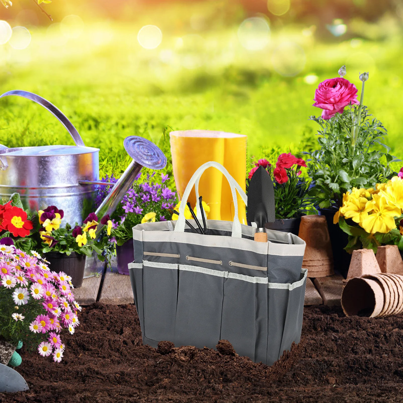 

Garden Tool Storage Tote Dark Gray Durable Oxford Cloth Multifunctional Compartments Waterproof Dustproof Handle