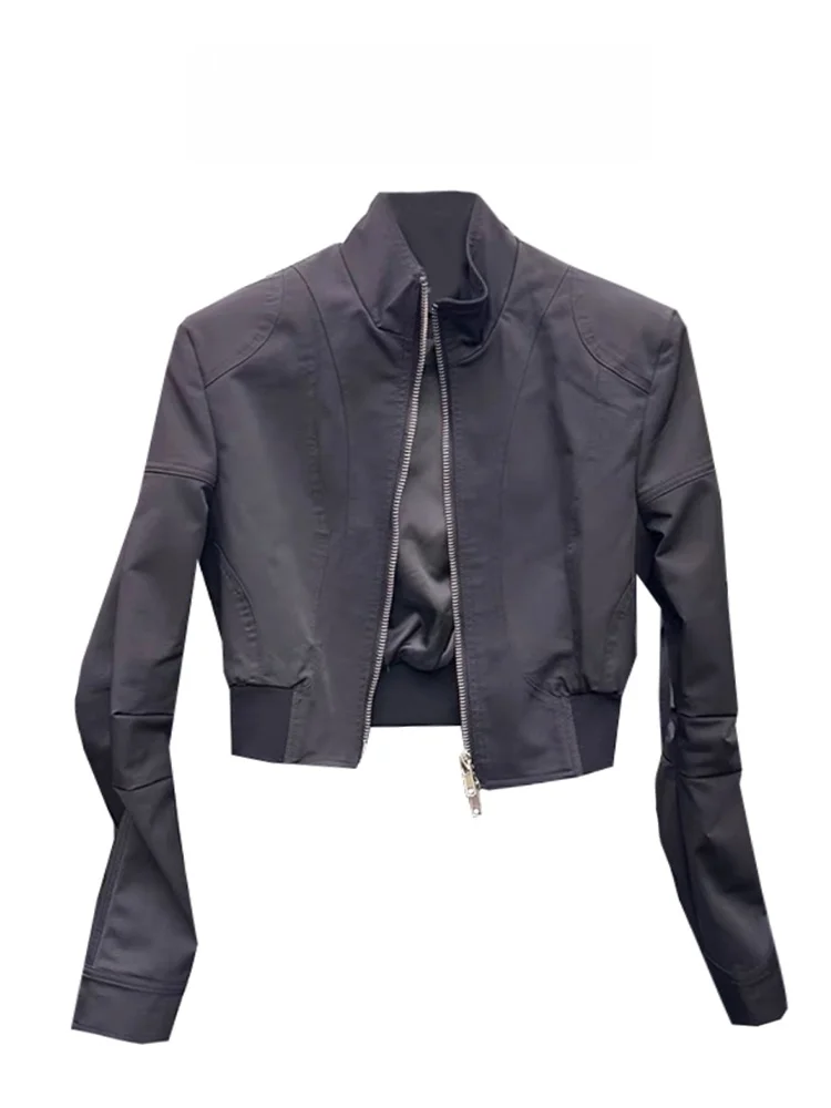 

Short Zipper Baseball Jacket Women's Spring Fashion Thin Stand Collar Outerwear Black Commute Style Regular Sleeve Long Coat
