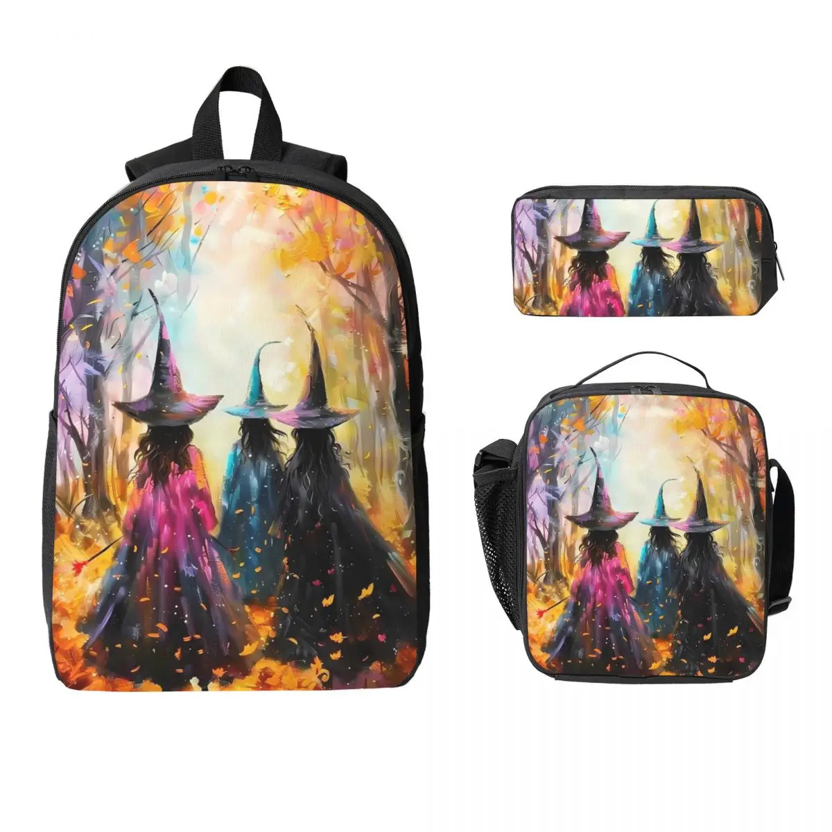 Autumn Forest Witches And Broomsticks Backpack BookBag School Bag Computer Shoulder Bags 3ps Insulated Lunch Bag Pencil Case
