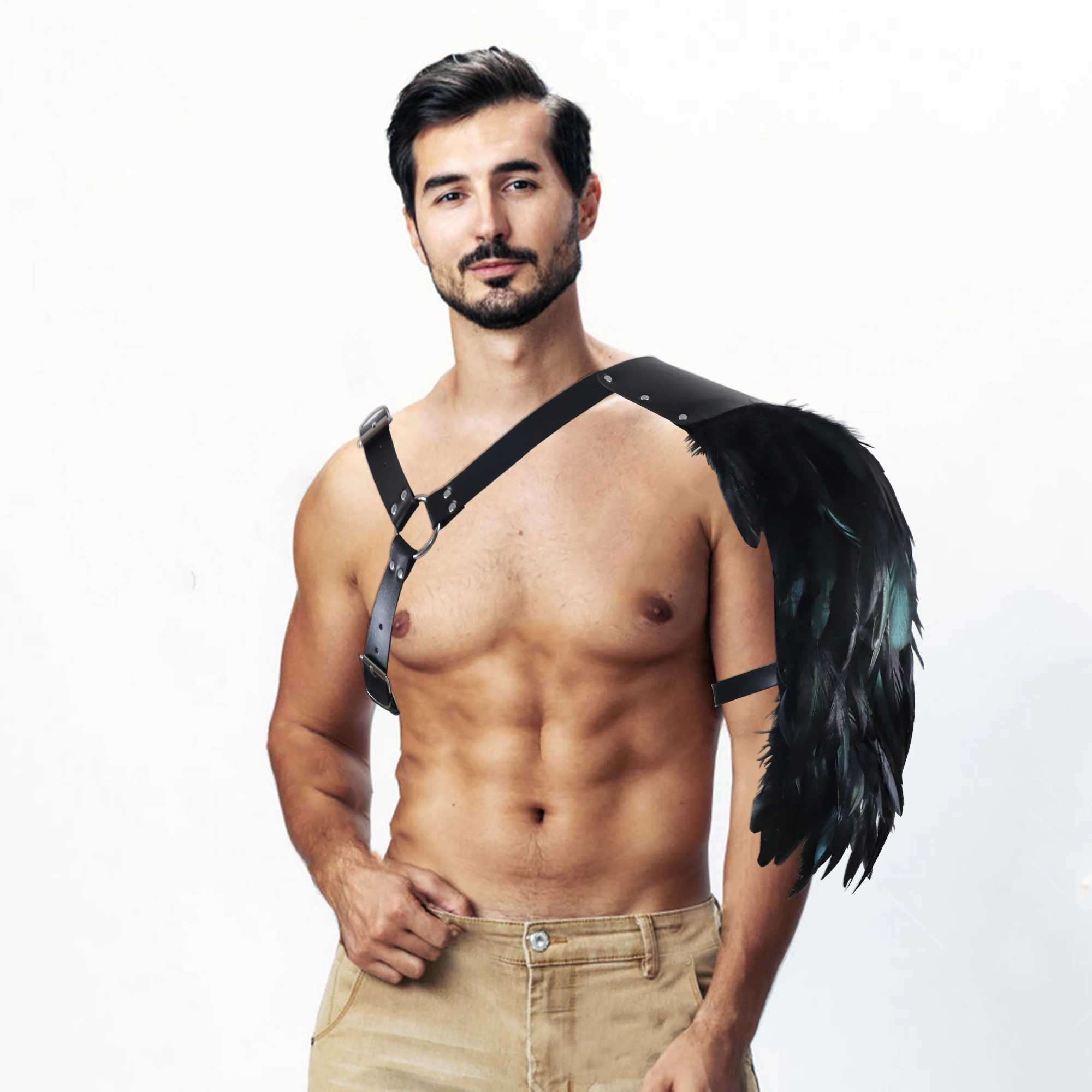 Sexy Men Body Harness Leather Gay Chest Harness Feather Shoulder Armor Restraint Arm Underwear Punk Belt Clothing Accessories