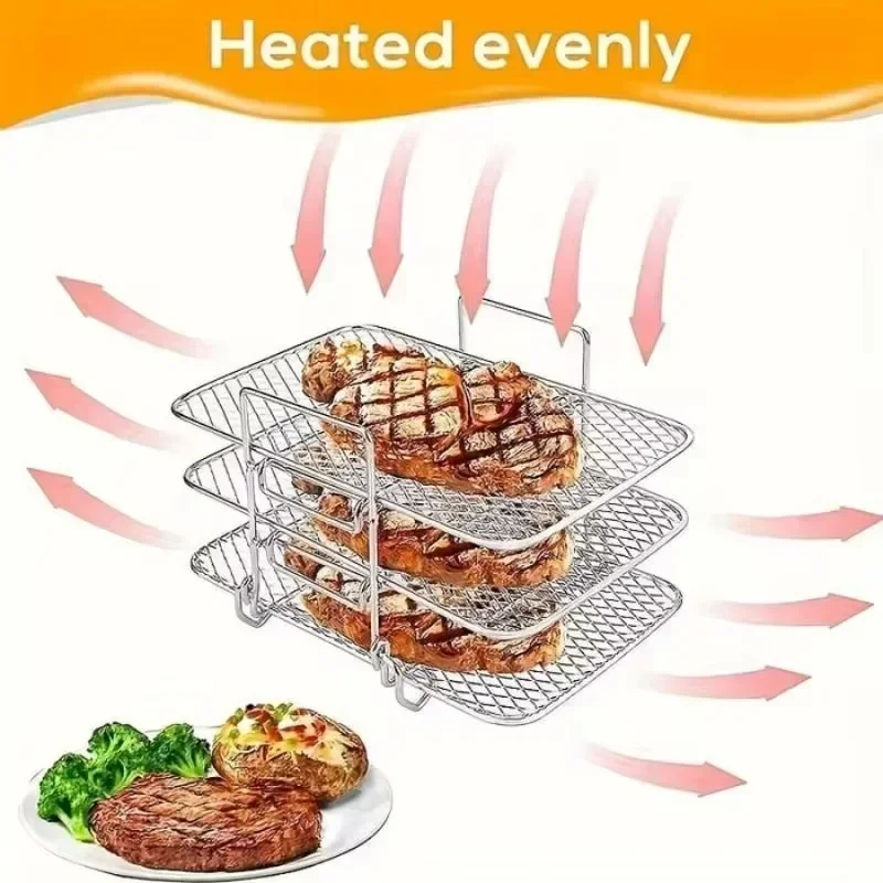 Stainless Steel Drain Multi-Layer Air Fryer Grill Detachable Air Fryer Cooking Rack Air Fryer Three Layer Stackable Grill