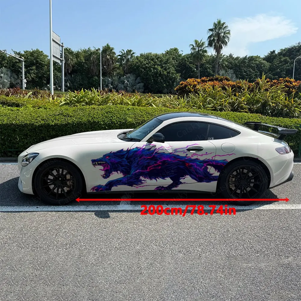 2pcs Purple Lightning Fierce Wolf Car Side Wraps, Self-Adhesive PVC Waterproof & Scratch-Resistant Stickers, Car Accessory Gift