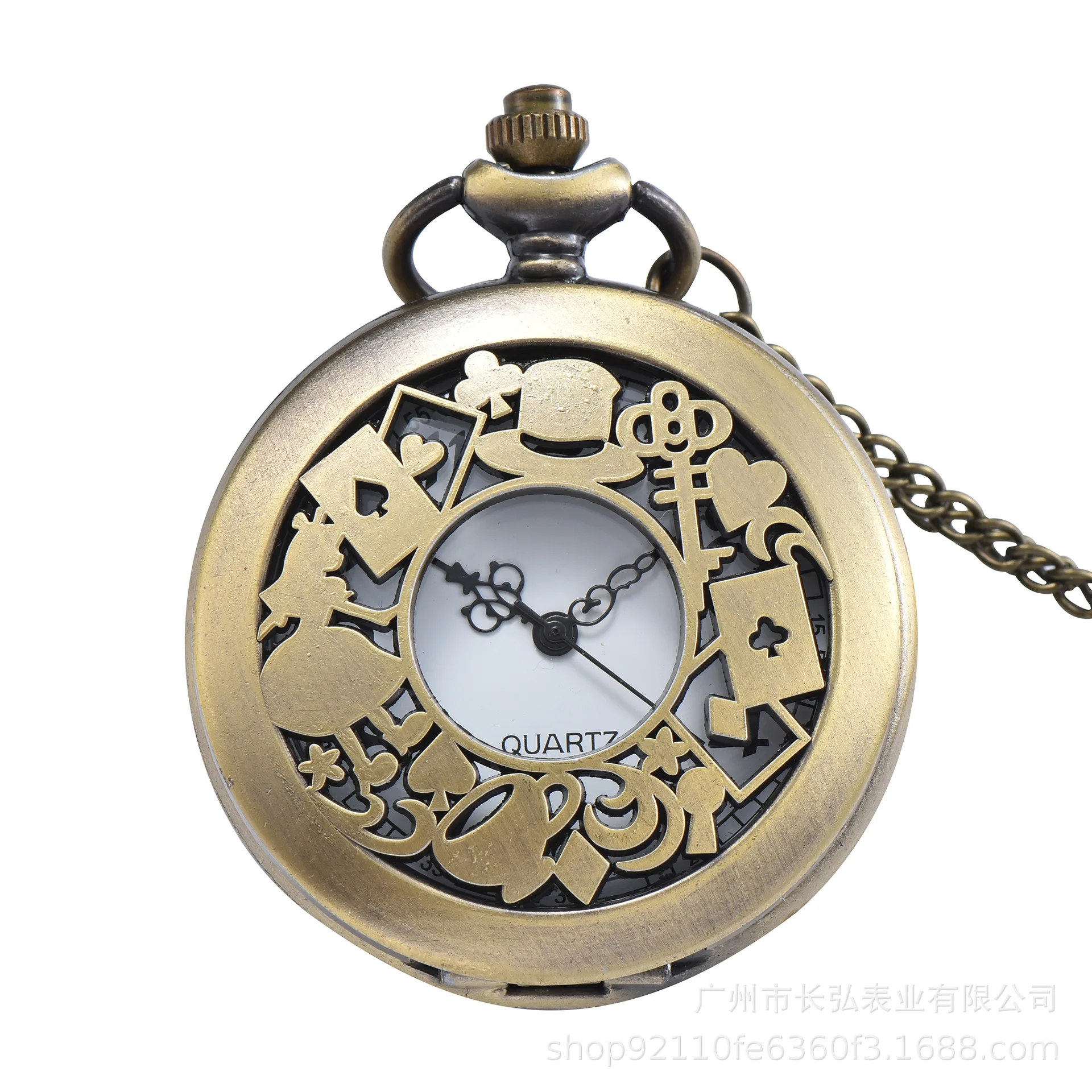 10pcs/lot New Bronze Quartz Pocket Watch Retro Alice Theme Pocket Fob Watch Pendant Necklace Pocket Watches Men Womens Gifts