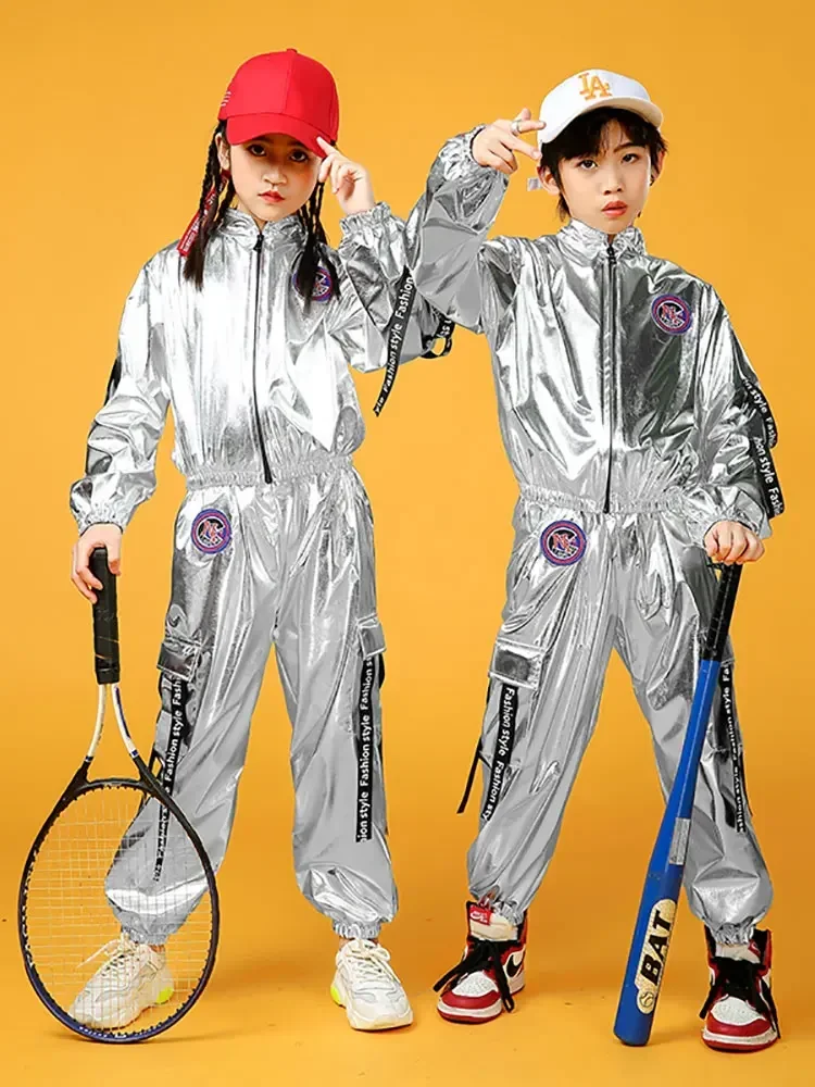 

Children Hip-hop Astronaut Space Suits Boys Drums Clothing Set Girls Silver Jazz Dance Costumes Girl Rave Stage Costume