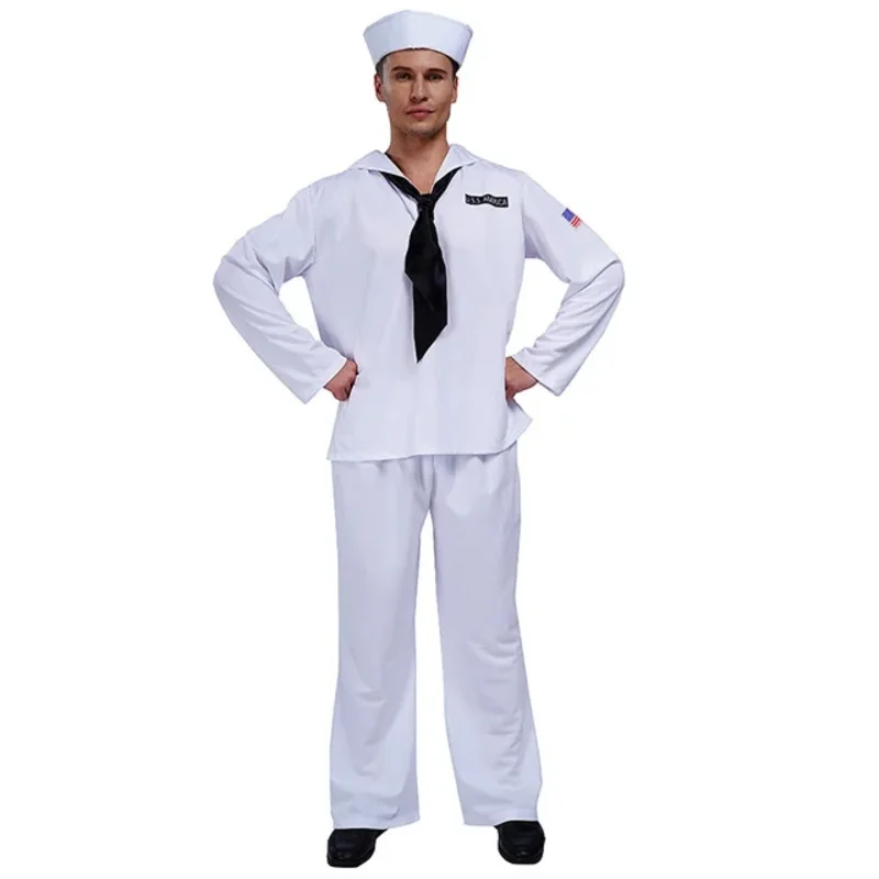 Disfraz azul marino para adultos, traje de marinero blanco, disfraz de Halloween, disfraz de fiesta, uniforme para hombres RZ5064