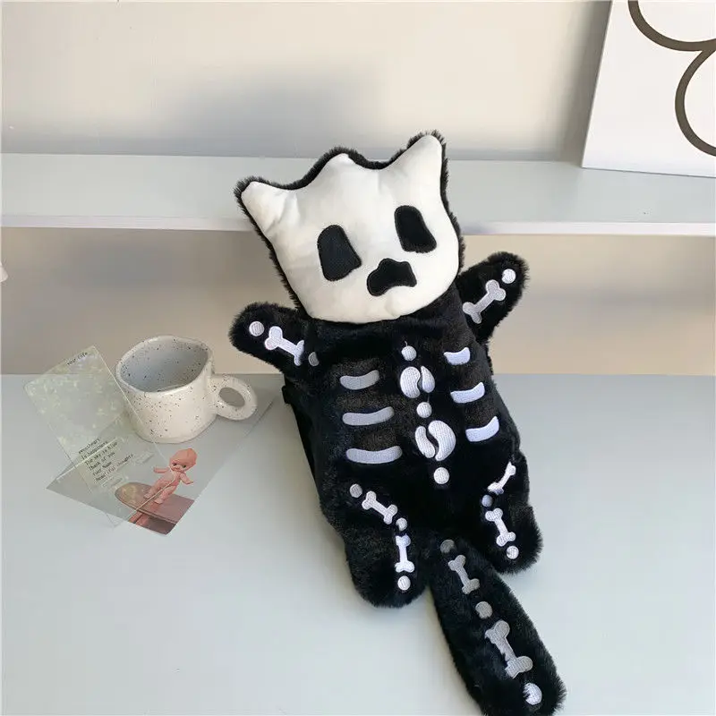 50cm Dark Punk Black Cat Plush Backpack Gothic Skeleton Cartoon Stuffed Toy Bag Kawayi Gift For Kids Girl