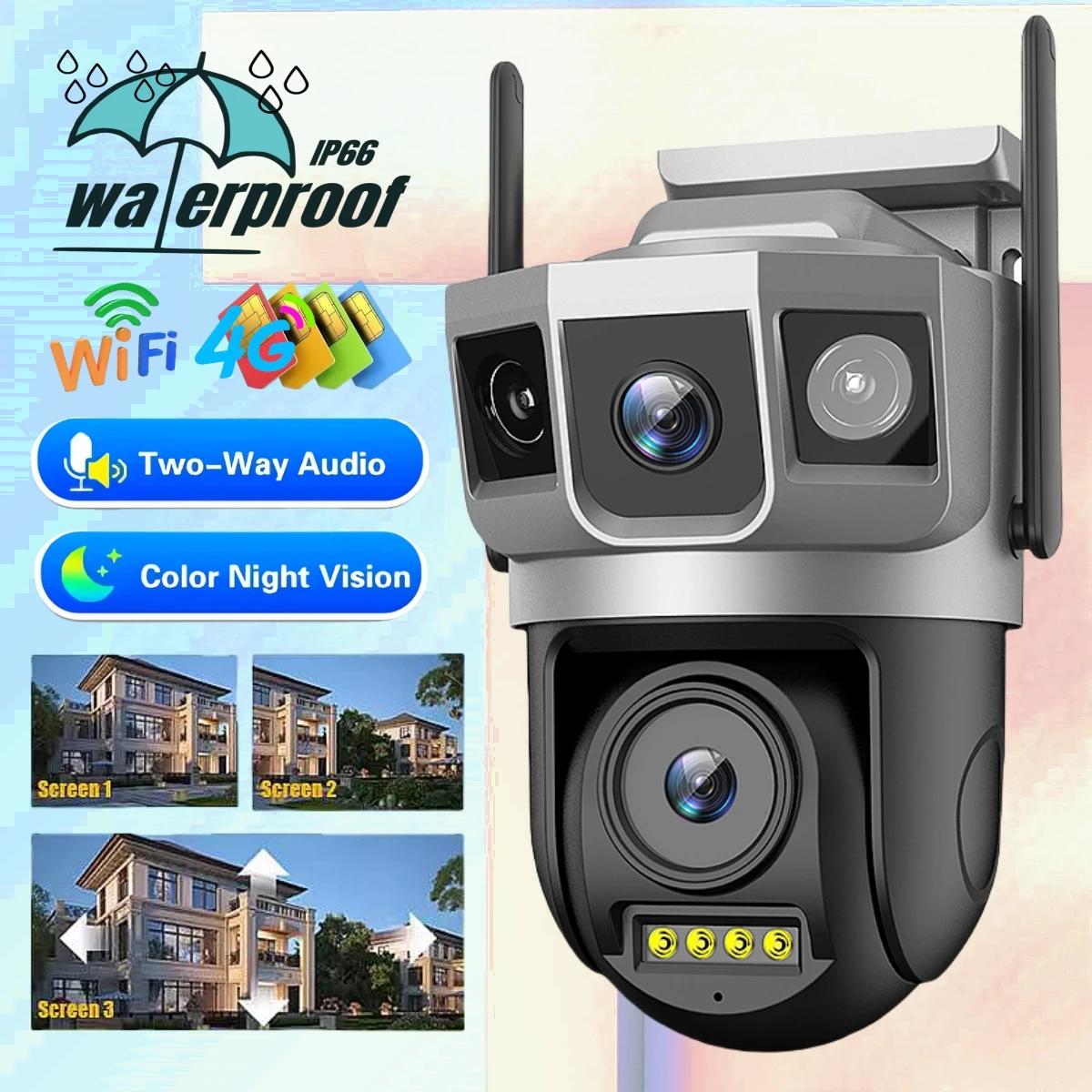 V380 WIFI IP Camera CCTV 4G HD waterproof Outdoor Dual Lens Triple Screen Night Vision smart Security Surveillance PTZ Cameras