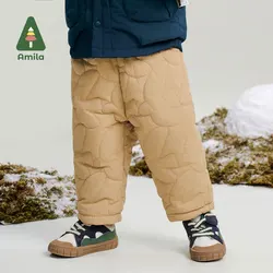 Amila Baby Cotton Pants 2024 Winter New Boys Solid Color Lightweight Warm Skin-Friendly Soft Loose Casual Children‘s Trousers