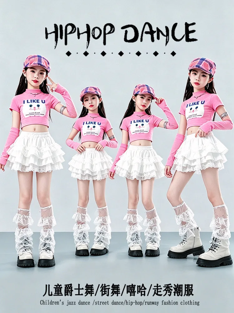 Kid Cute Hip Hop Clothing Cat Mock Neck Crop Top T Shirt Arm Sleeve Denim Shorts Leg Warmers for Girl Jazz Dance Costume Clothes