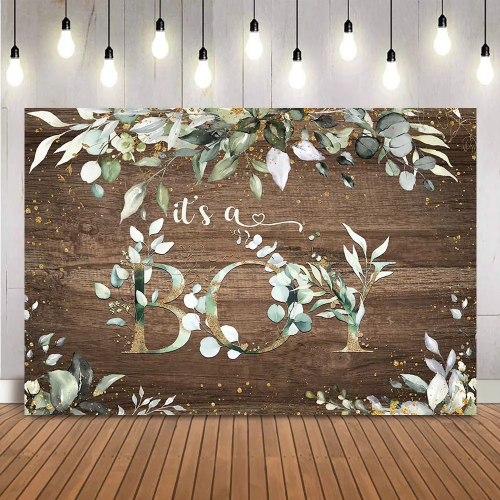 Boy Baby Shower Theme Background Greenery Green Leaves Photo Booth Backdrop It's a boy Wooden Board Photo Backdrop Studio