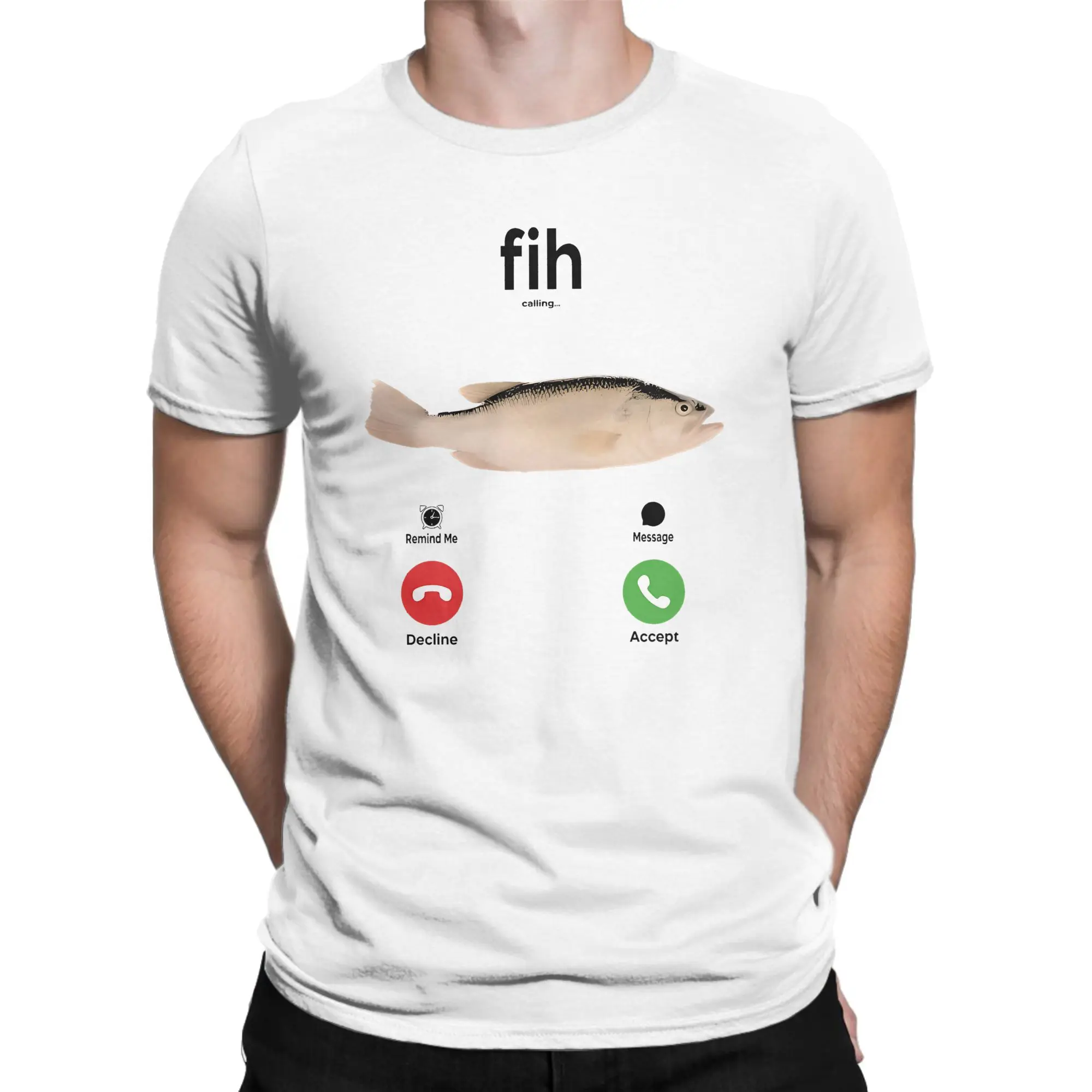 

Fih Calling Remind Me Message Decline Accept Phone Call Merch Мужская женская футболка из чистого хлопка Футболка с забавными топами Fishman