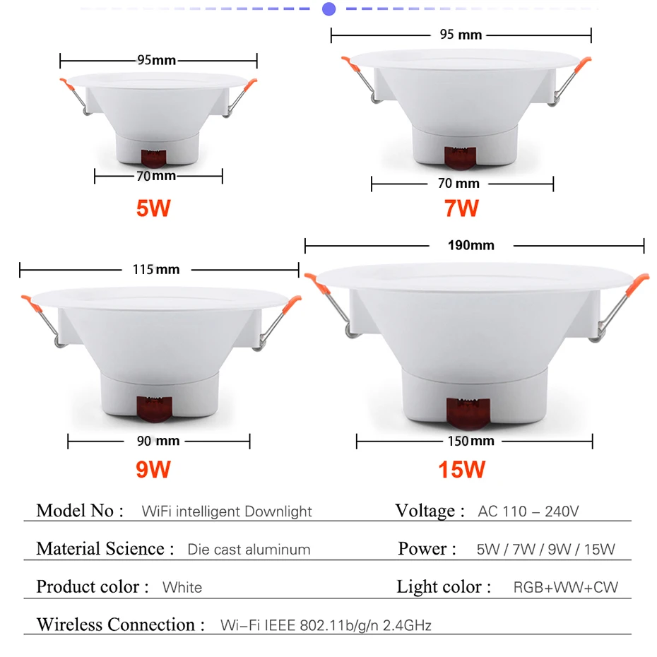 110V 220V Tuya WiFi Smart LED Downlight 5W 7W 9W 15W Spot Light RGB Dimming LED Ceiling Light Voice Control Google Home Alexa