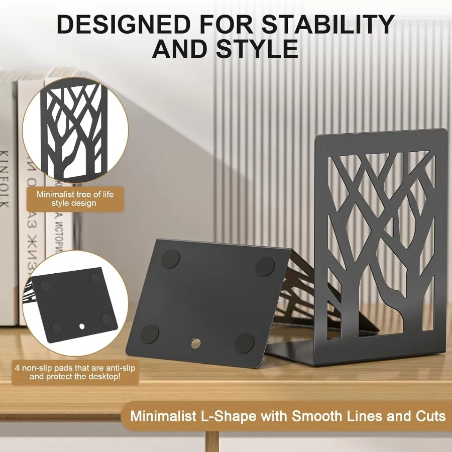 Bookends 4 Pieces Tree Design Modern Metal Bookends for Shelves Black Tree Book Ends tive Book Organizer for Desk tive Shelve B