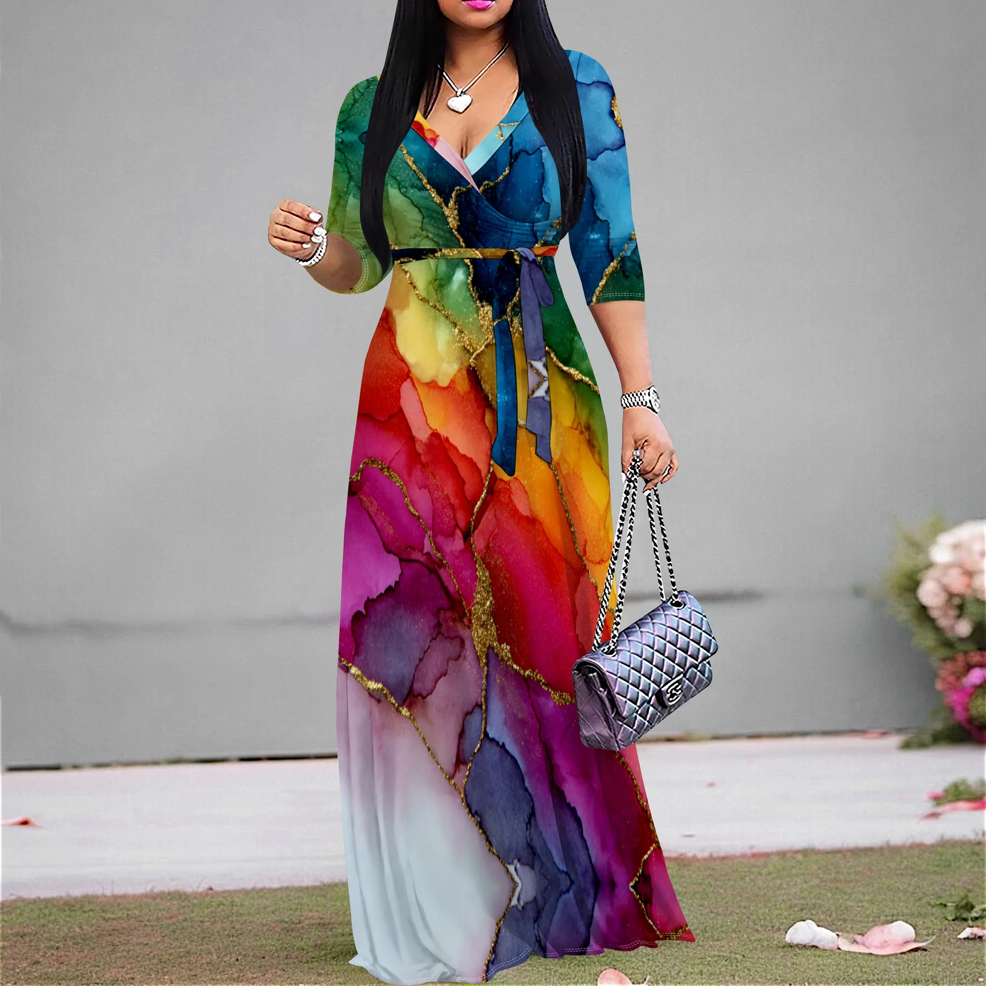 

Women's Abstract Print Maxi Dress V-Neck Elegant Wrap Party Gown XS-3XL