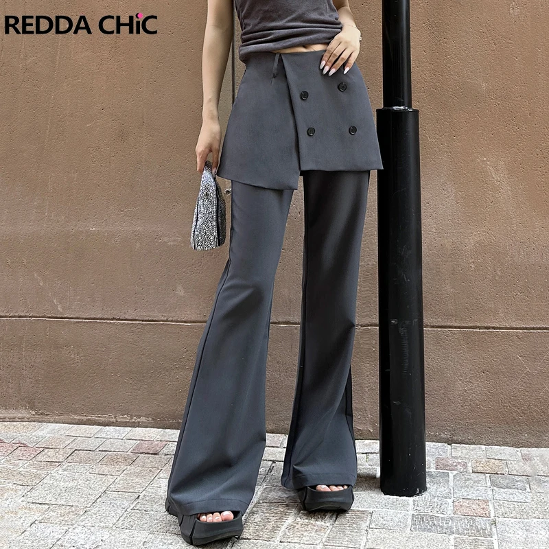 

REDDACHiC Fake 2-piece Women Suit Pants Solid Loose High Waist Flare Oversized Draped Long Trousers Business OL Casual Clothes