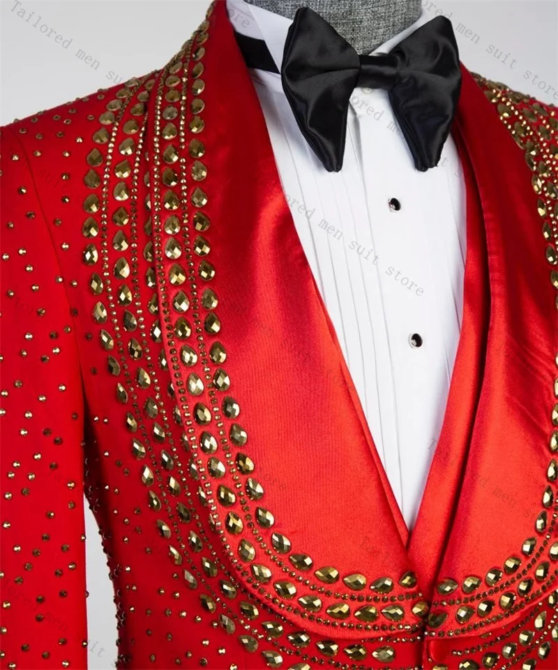 Rote Kristalle Herrenanzug-Set, 2-teilig, Blazer + Hose, Bräutigam, Hochzeit, Smoking, formelle Arbeit, Büro, männliche Jacke, Abschlussball, Baumwollmantel, Hose