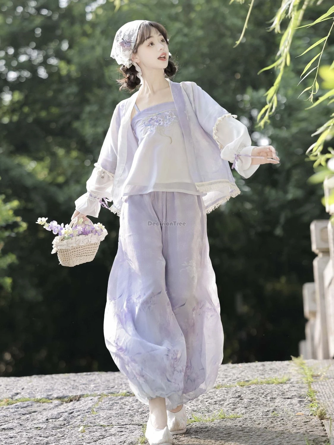 

2024 summer chinese improved embroidery hanfu style vest yarn coat knickerbockers suit women retro loose casual daily set w830