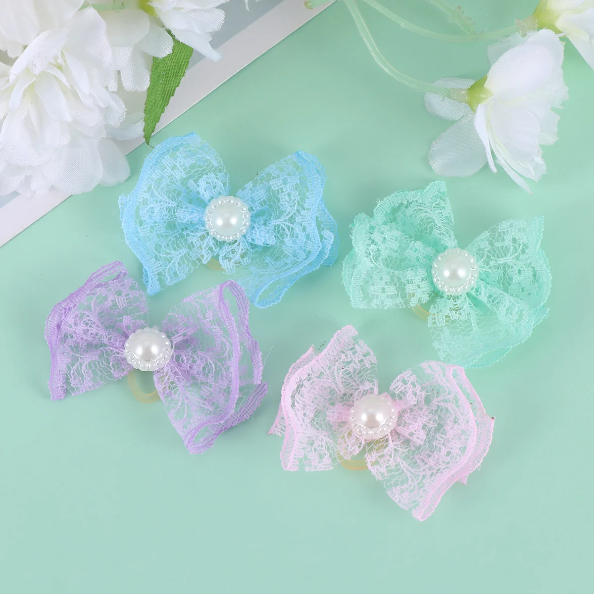 20pcs Adorable Rubber Hair Band Flower Hair Rope Lace Hair Tie Bowknot Headwear for Pet Cat Dog Puppy (Pink Blue Purple and Ligh