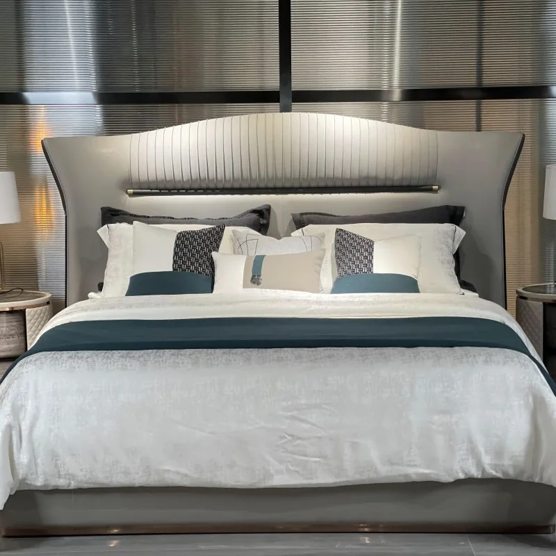 xj-Modern Fashion Designs Double Wood Veneer Painting Design Bed Bedroom Furniture Microfiber Leather King Size Bed*