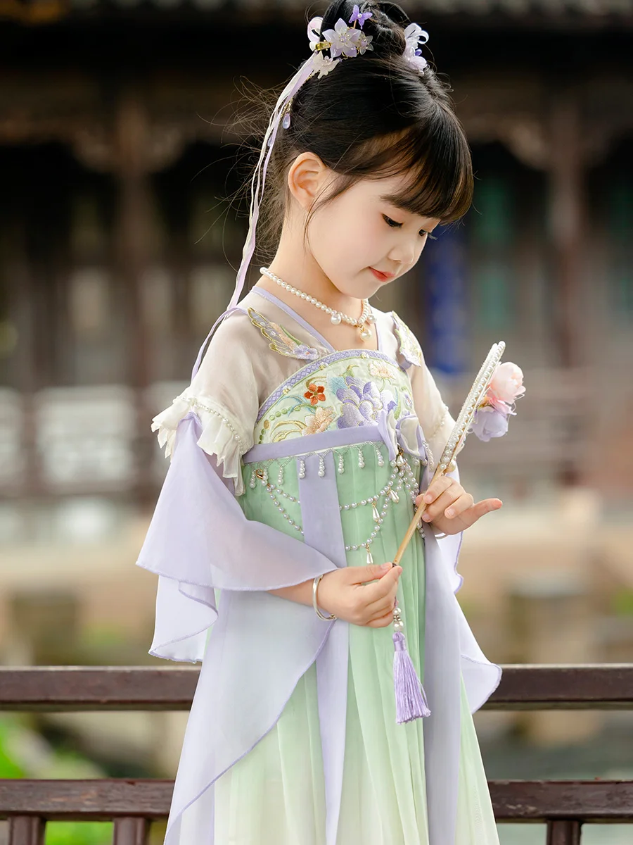 Hanfuの女の子の胸のハイドレス、半袖、紫、古代、新しい夏、2024