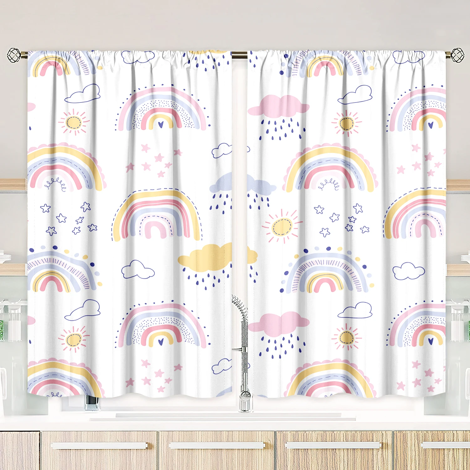 2 pieces - cartoon rainbow - printed curtain - polyester material - for bedroom living room study anti-privacy curtain