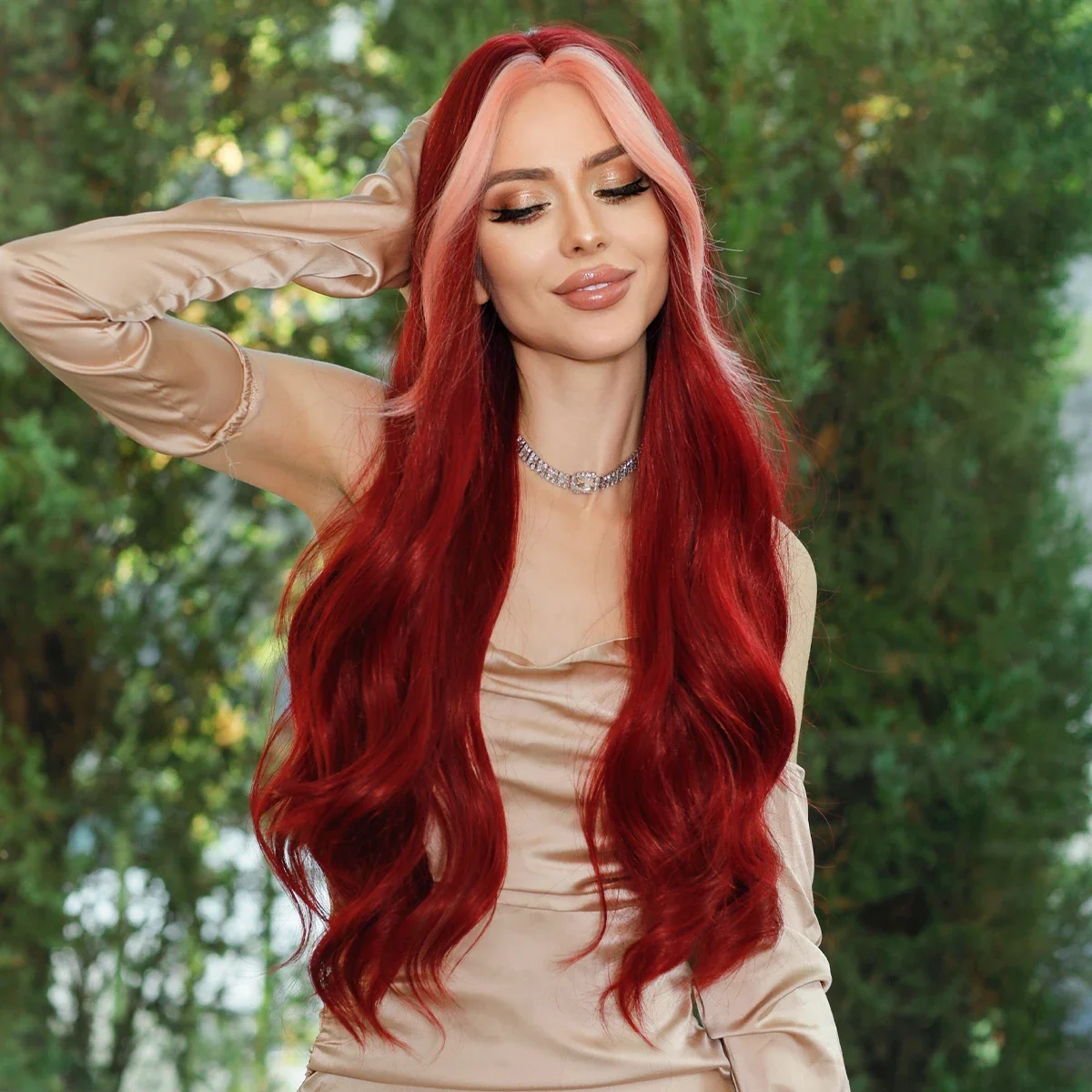 NAMM طويل مموج الجزء الأوسط النبيذ الأحمر شعر مستعار للنساء يوميا تأثيري حزب الاصطناعية تسليط الضوء على الشعر الوردي الباروكات لوليتا مقاومة للحرارة #4