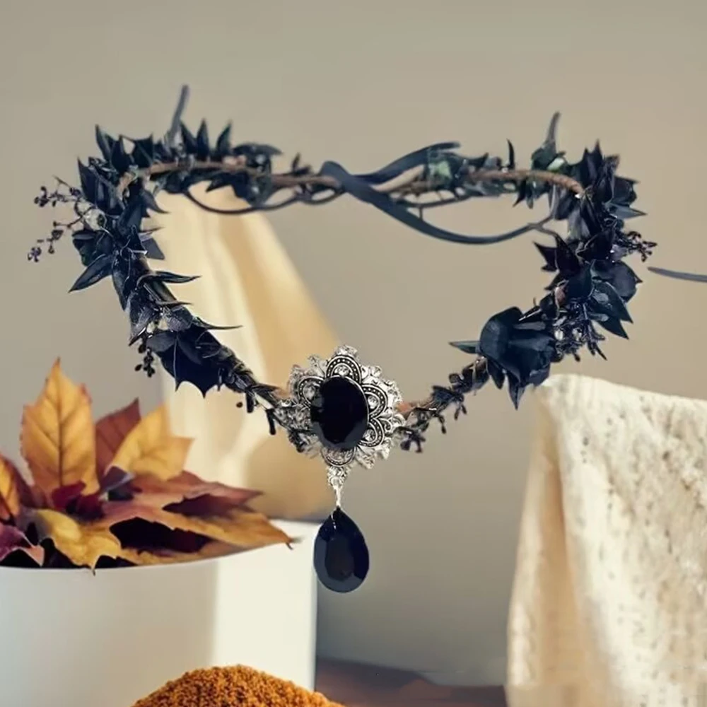 Halloween Las Kwiat Korona Elf Opaska na głowę Gotyckie nakrycie głowy Czarny wieniec Kryształowy wisiorek Party Alloy Akcesoria na czoło Unisex