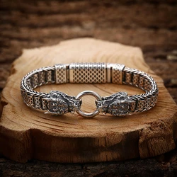 HX Silver Color New Hand-woven Bracelet Double Dragon Head Men's Trendy Retro High-end Gift Temperament All-match Jewelry