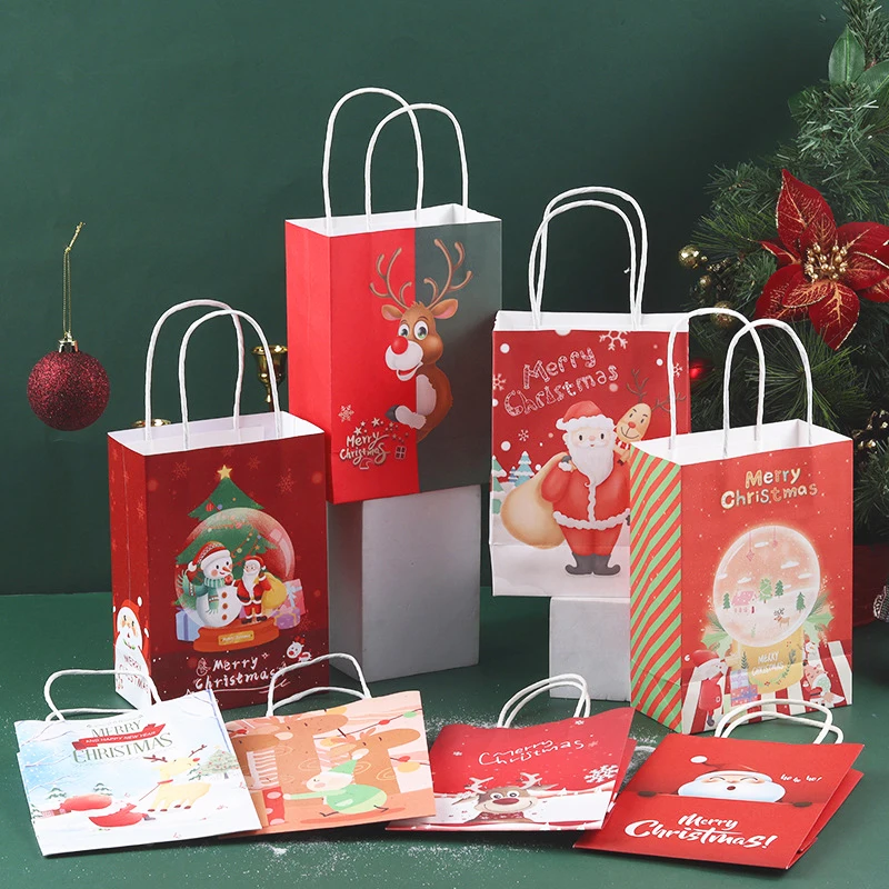 4/6Pcs New Christmas Gift Bag With Handles Kraft Paper Bags Santa Claus Snowman Xmas Party Candy Bag Cookie Present Bag Decor