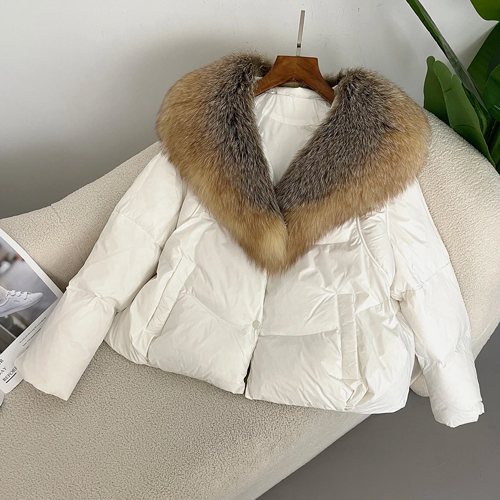 OFTBUY Real Fur Coat 2024 Autumn Winter Fur Coat Women Warm White Duck Down Jacket High Street Designer European Fashion