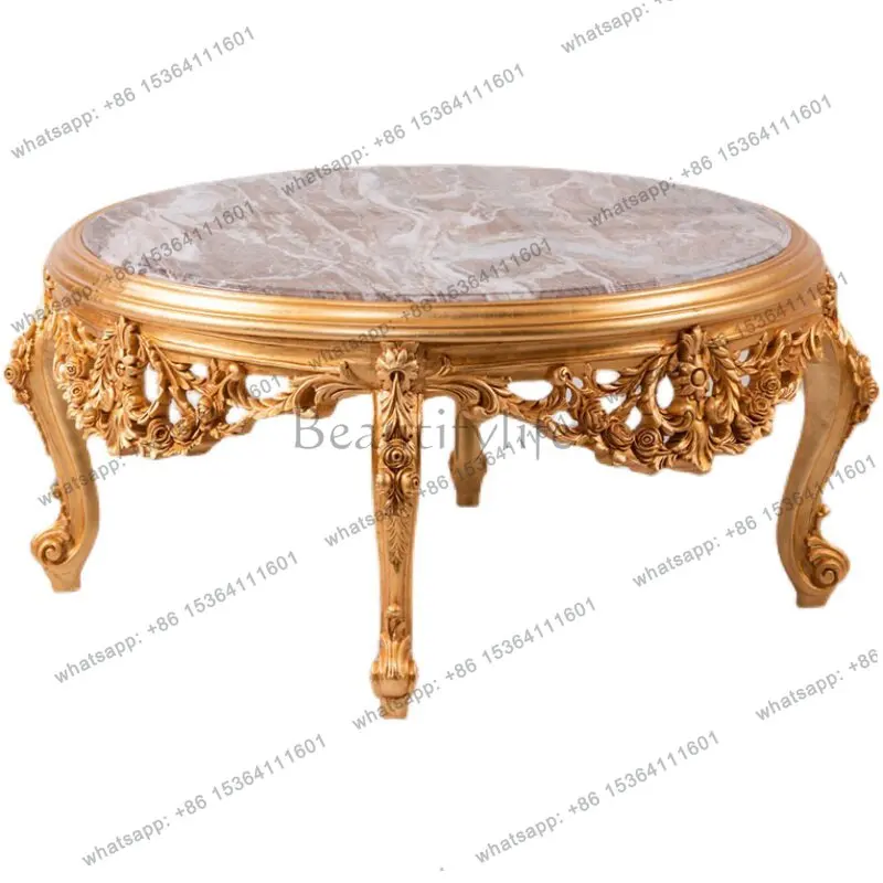 

Marble round coffee table French solid wood carving gold foil luxury high-end furniture
