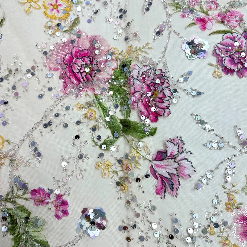 

1 Yards African Nigerian Tulle Mesh Lace Fabric High Quality Embroidery Sequin Beaded Lace Yarn Fabric For Party Wedding Dress