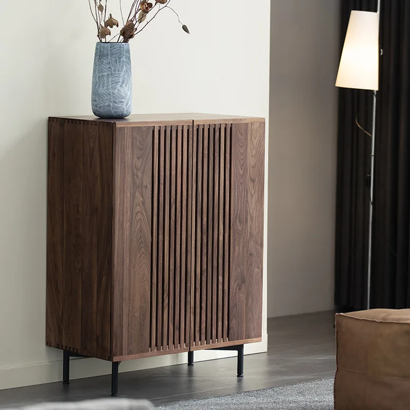 Black walnut grille shoe cabinet, foyer, porch cabinet, large space, breathable household door shoe rack