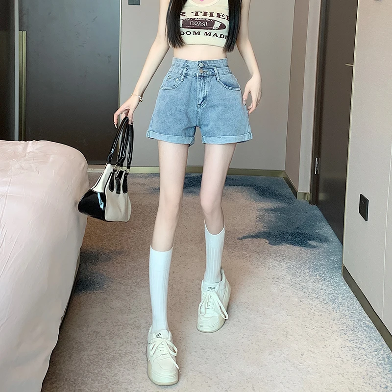 High Waist Denim Shorts Women's Double Buckle Casual A-Line Wide Leg Hot Pants Slimming Cuffed Summer Fashion Ladies Jeans