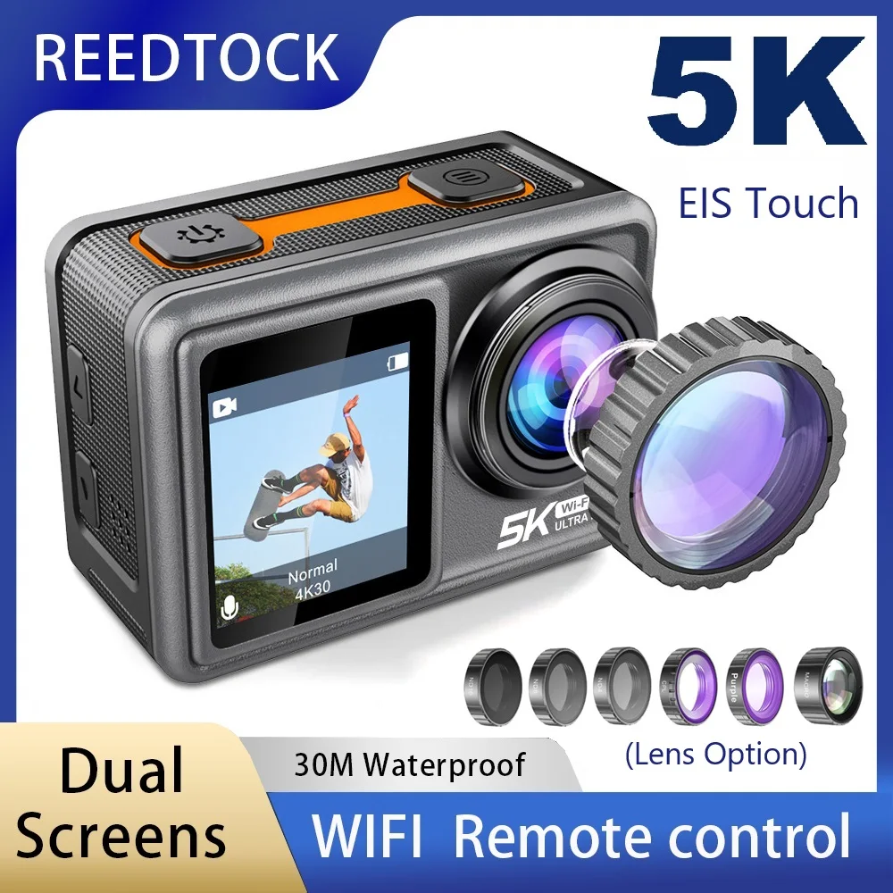 

Action Camera 5K 4K60PFS Dual Touch Screens 48MP EIS Remote Control WiFi Waterproof Removable Filter Lens Sport Video Recorder