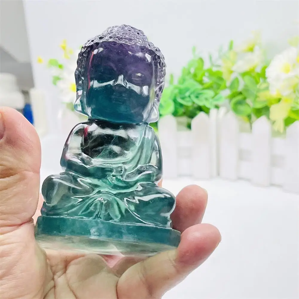 1PCS Natural Fluorite & Smoky Quartz Buddha Statue Carving Polished Healing Crystal Reiki Figurine for Home Decor Craft Gift