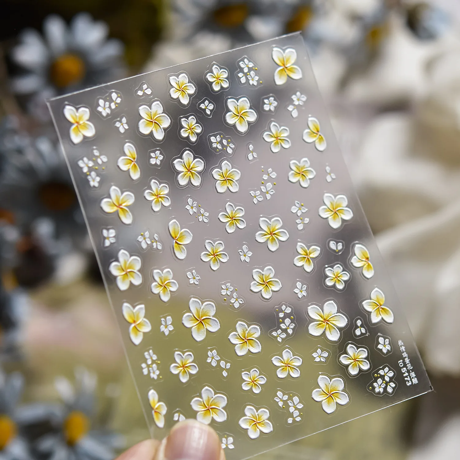 5D Embossed Frangipani Flower Nail Art Sticker Yellow White Gradient Five-Petal Floral Nail Decal Spring Vibrant Flower Nail Dec 4
