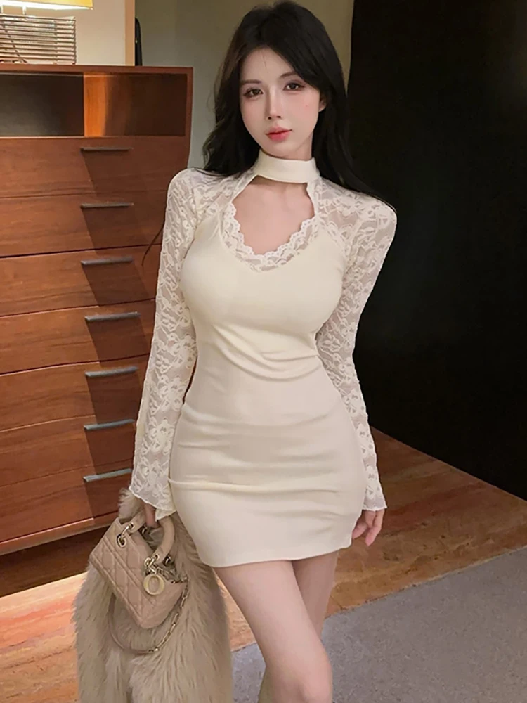 

Autumn White Patchwork Lace Long Sleeve Hollow Out Sexy Mini Dress Women Elegant Casual Dress 2025 Korean Fashion Bodycon Dress