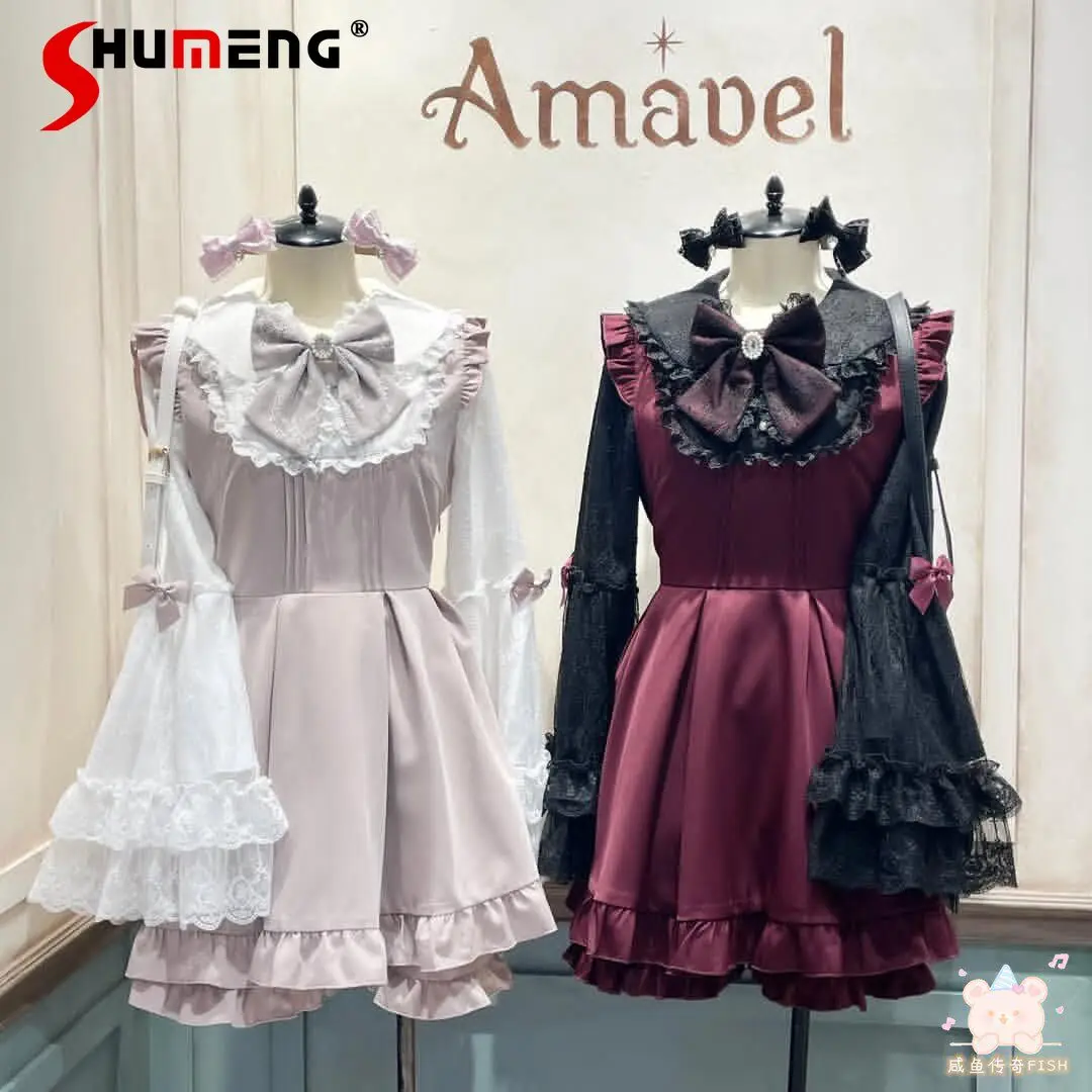 

Japanese Mines Style Mass-produced Lace Long-sleeved Lolita Dress Sets Doll Collar Bow A-line Dress Shorts Two-piece Set Women