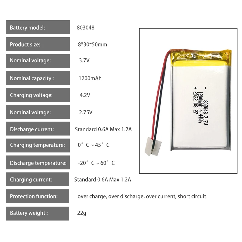 803048 3.7V 1200mAh Polymer Lithium Lipo Rechargeable Battery For Mp3 GPS Recording Pen Bluetooth Massager Scanner