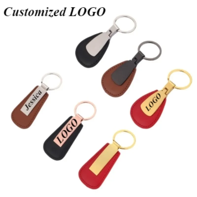 

Customized LOGO Exquisite Metallic Leather Keychain Leather Engraved Car Key Chain Personalize Men Women Keyring Gift Wholesale