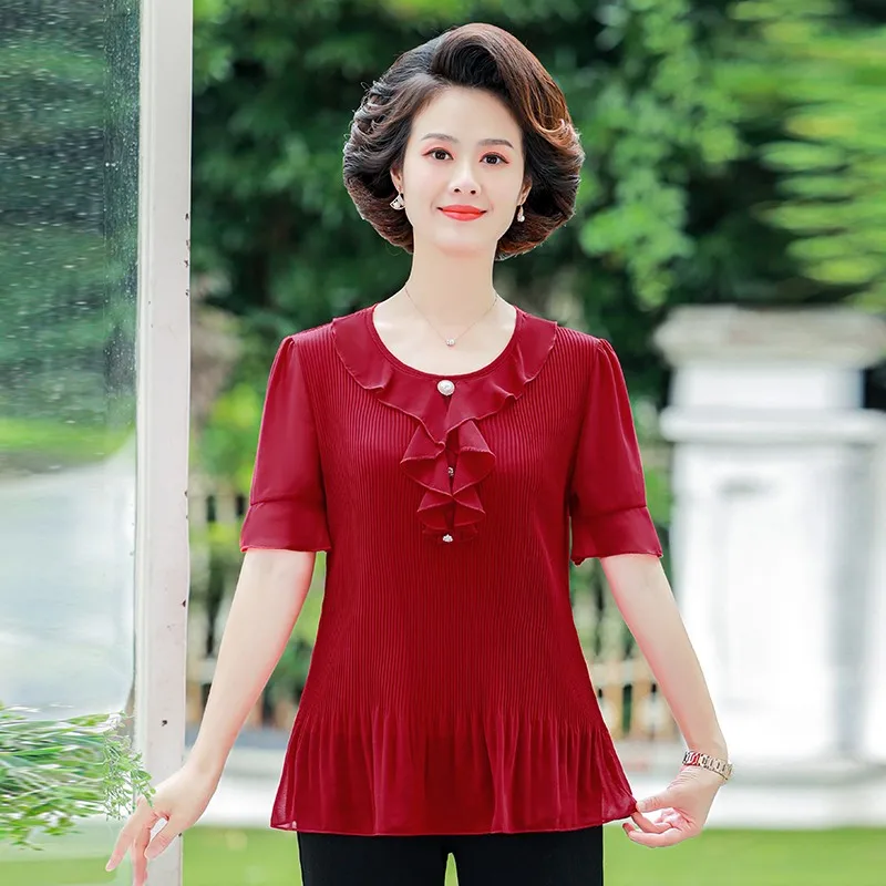 Women Summer Retro Vintage Elegant Office Lady Shirts Casual Loose Work Ruffle edge Crewneck Tops Blouses