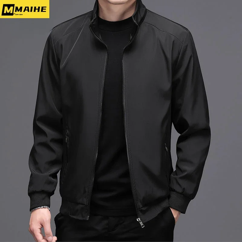 

2023 Spring/Autumn windproof Jacket Men's Business casual standing collar slim zipper jacket Simple fashion black baseball coat