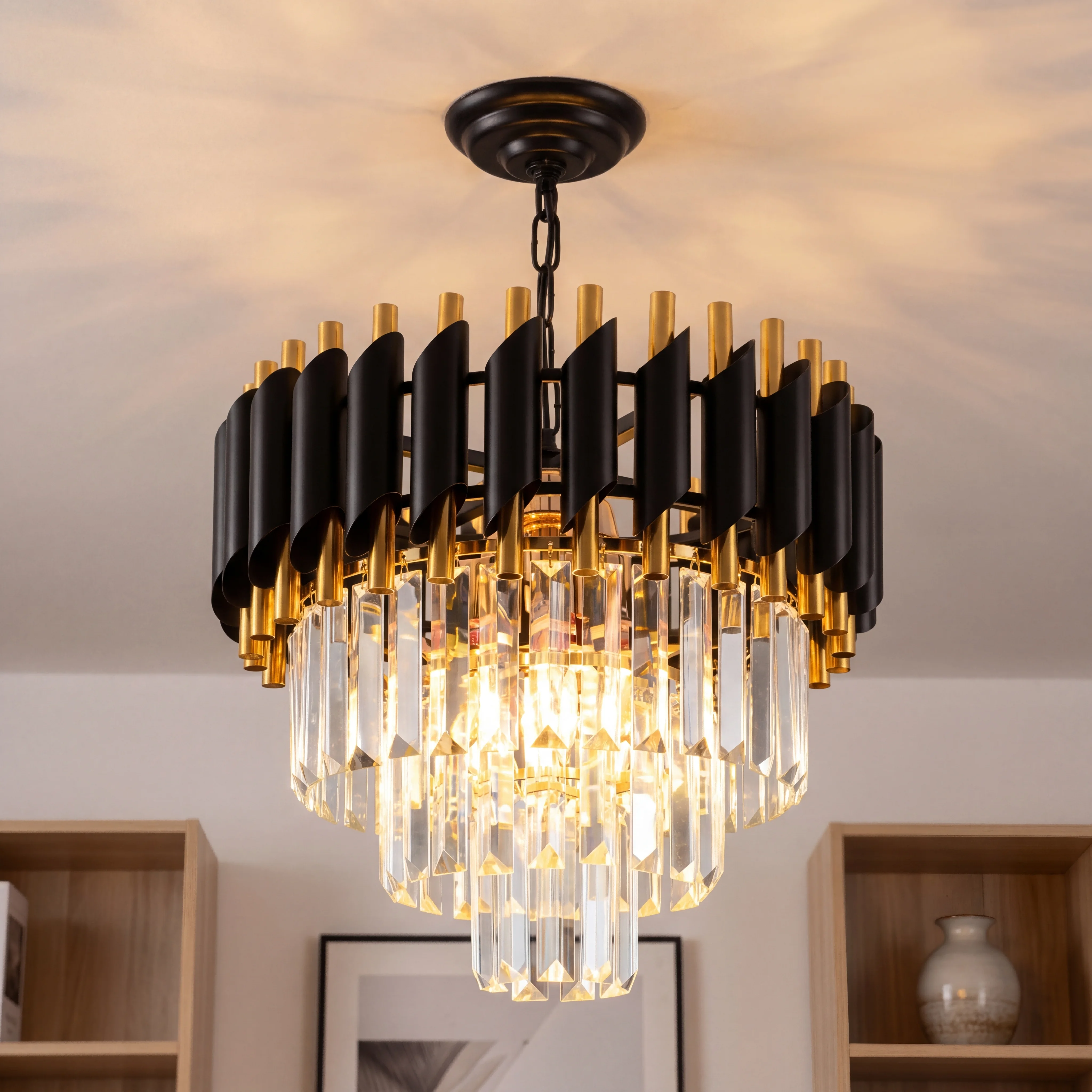 Moderner Kronleuchter aus schwarzem und goldenem Kristall, 5-flammige runde, mehrstufige K9-Kristall-Deckenleuchte – Esszimmer/Wohnzimmer/Schlafzimmer