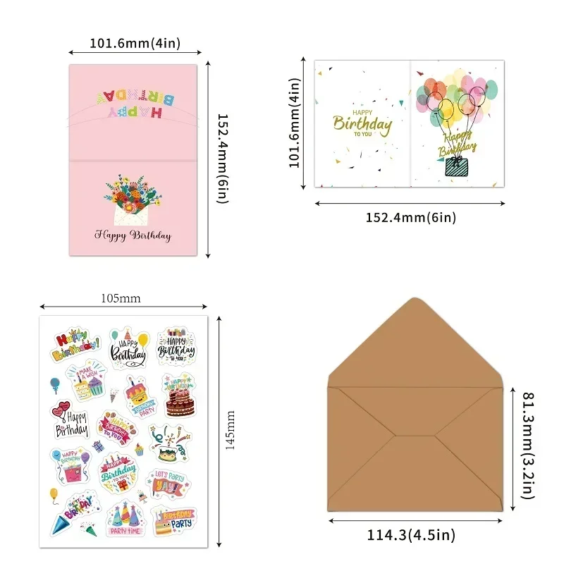 20Pcs Happy Birthday Greeting Card Blank Folding Card With Envelope Stickers DIY Message Card Birthday Party Invitation Cards