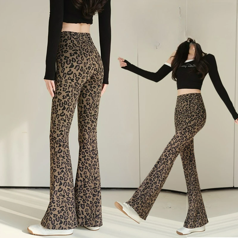 Leopard Print Micro-pull Pants Spring and Autumn Printing New Versatile Elastic Casual Flared Pants High-waisted Pants