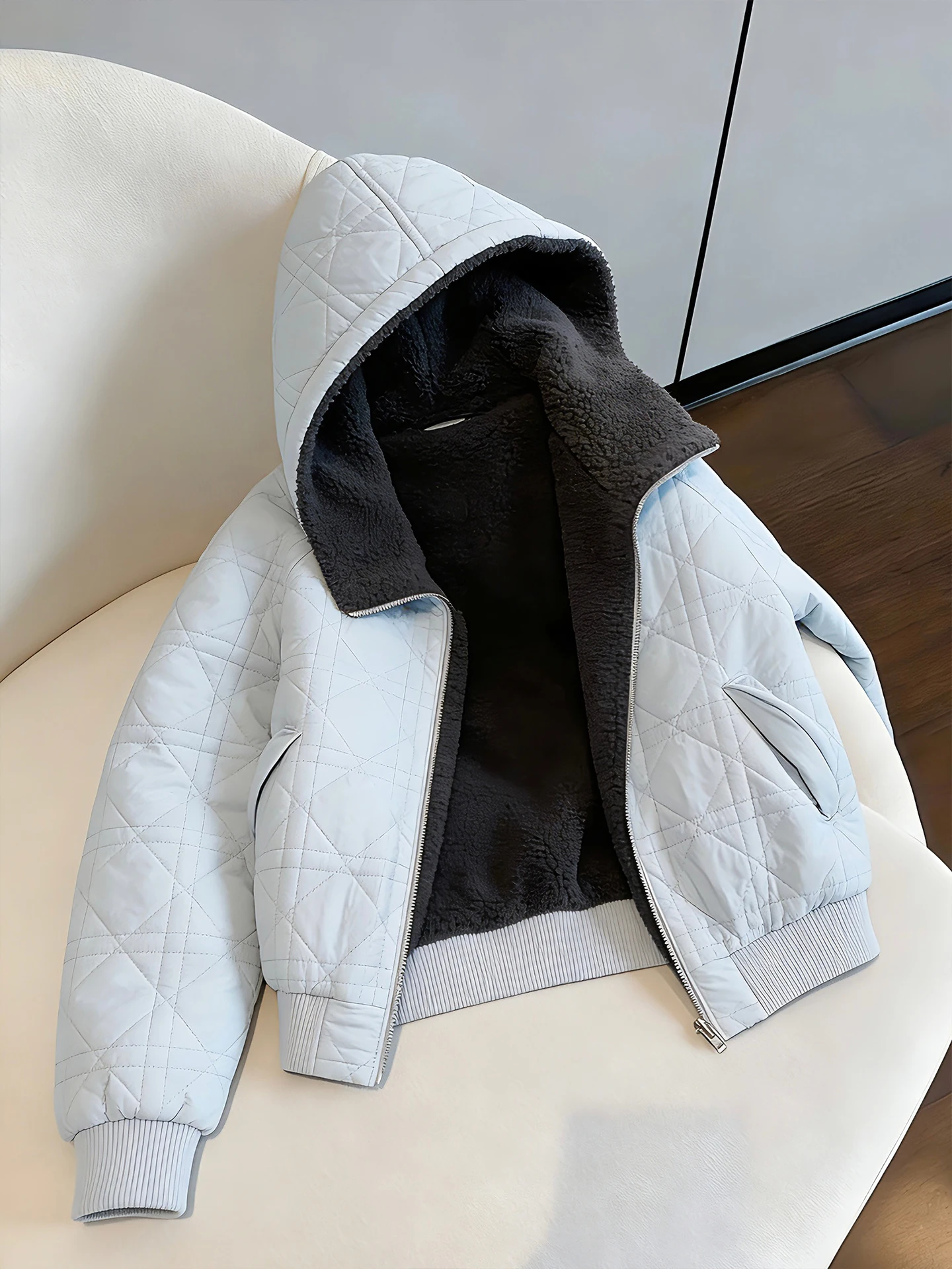 

Korean Sle Light Blue Design Diamond id Hooded Cotton Jaet Women's Autumn Winter Lazy Unique Warm Cotton Clothes